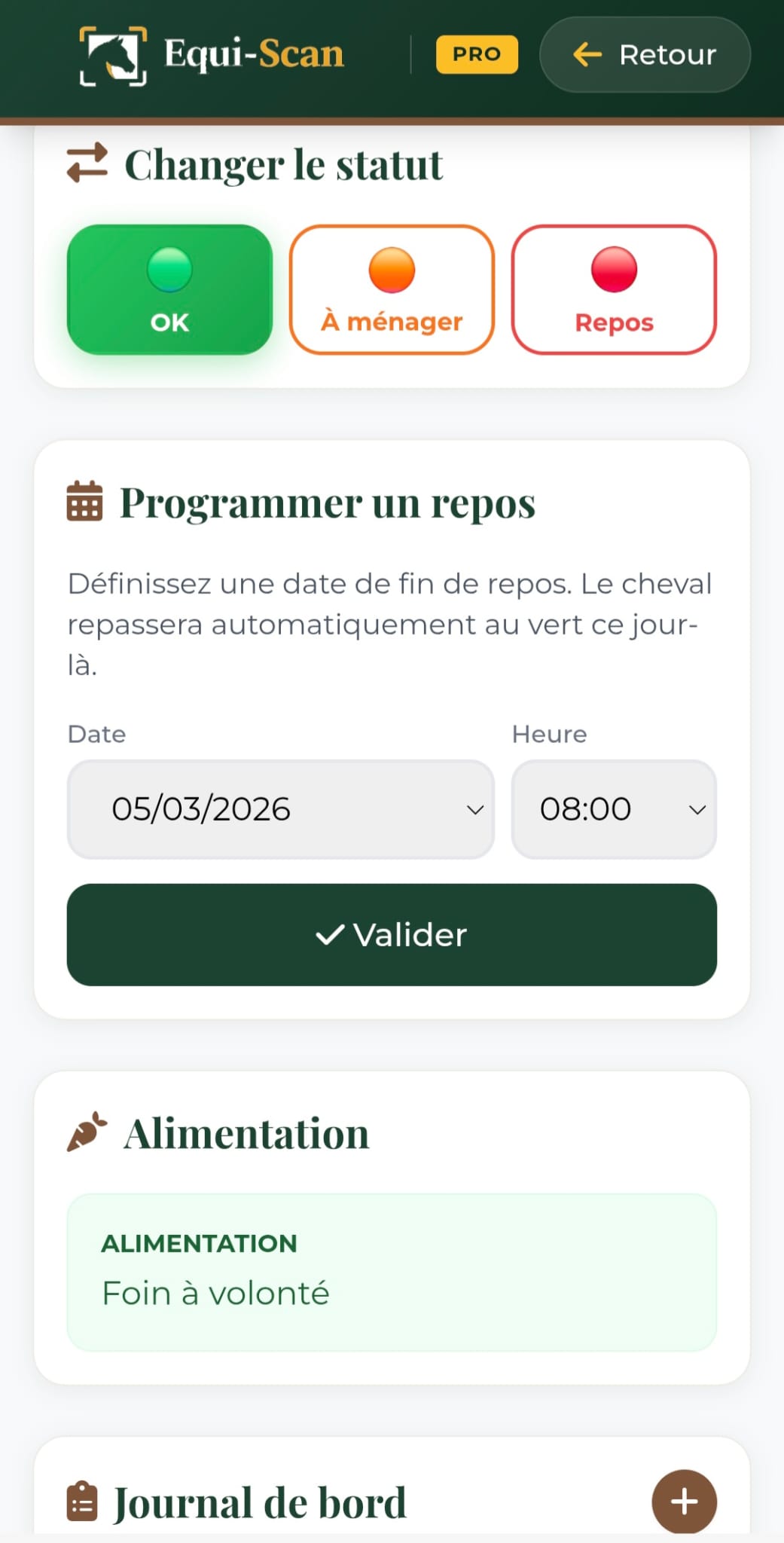 Capture d'écran de l'espace centre équestre (vue moniteur)